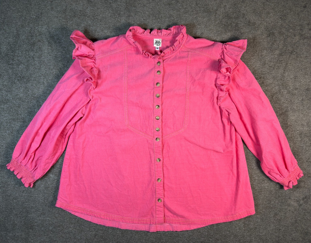Ivy Jane Pink Medium Corduroy Ruffle Neck Top Button Down Boho Western Cottage